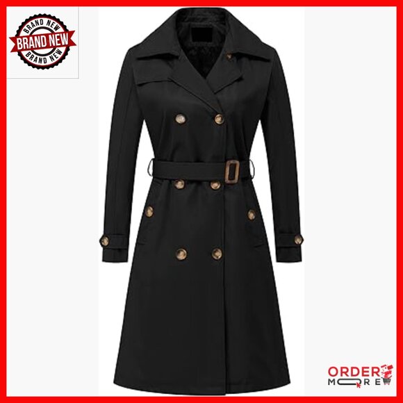Long Trench Coat with Detachable Hood Water Repellent Double Breasted